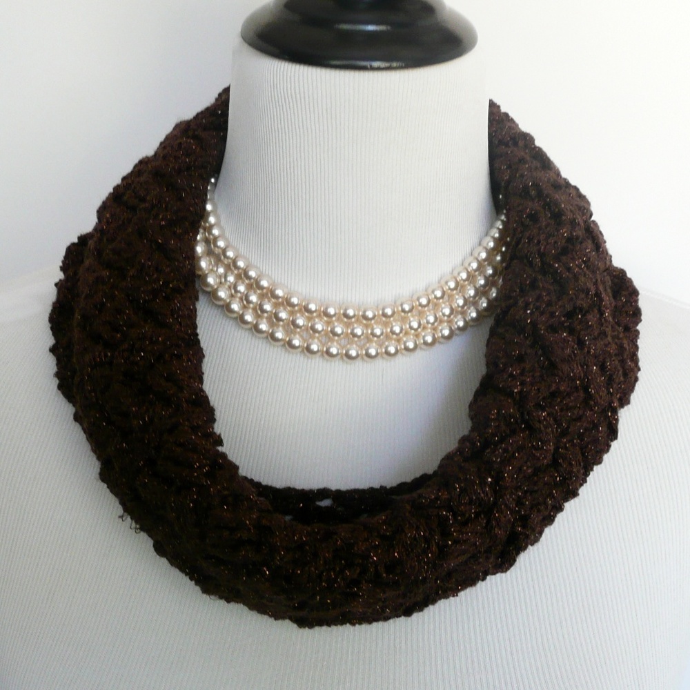 Hand Crochet Basket Weave Cowl Neck Scarf Rich Brown Metallic Yarn